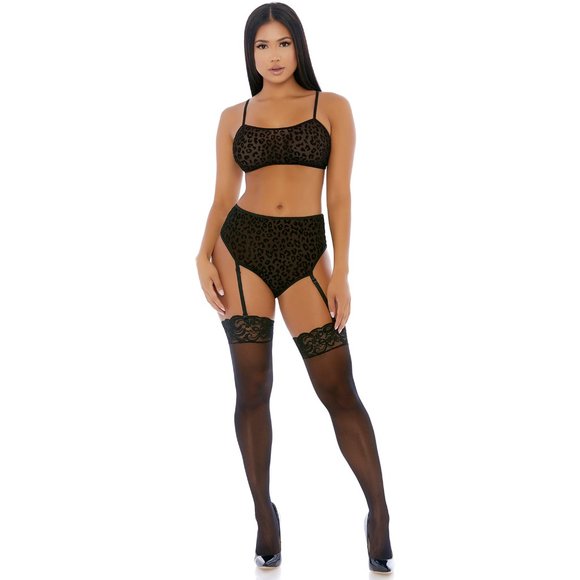 Cheetah Print Cami Bra Top and Garter Panty Set Black - Picture 3 of 5